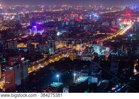 Panoramic Night View Of Beijing Cityscape, View From Central Television Tower