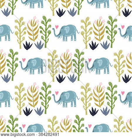 Seamless Childish Pattern With Cute Elefants. Use For Textile, Fabric, Wallpaper,  Kids Apparel, Pos