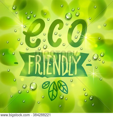Eco Friendly Words Drawn On A Window, Fresh Green Leaves And Water Rain Drops Or Condensate Macro, V