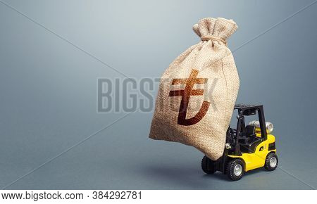 Forklift Carrying A Turkish Lira Money Bag. Strongest Financial Assistance, Business Support. Stimul