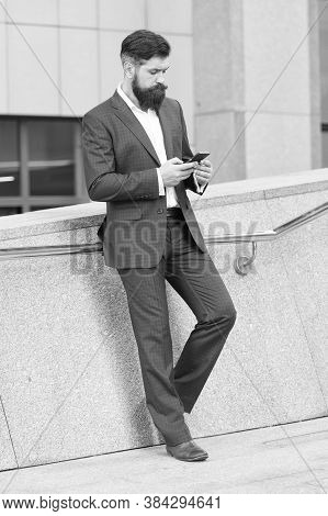 I Can Not Imagine Life Without Smartphone. Text Messaging. Online Business. Bearded Man With Smartph