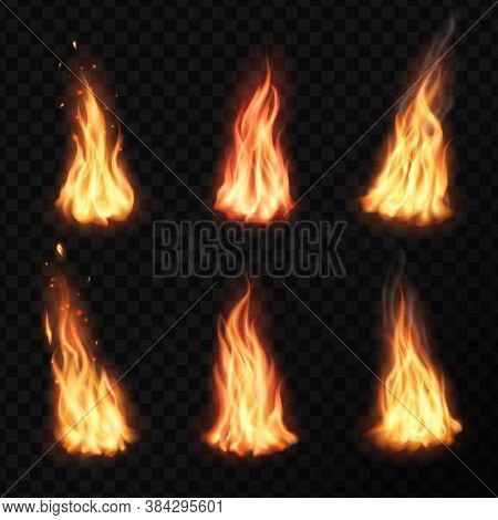 Fire, Campfire Isolated Vector Torch Flame. Burning Bonfire Glow Orange And Yellow Shining Flare Bla