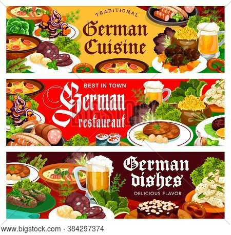 German Food Restaurant Vector Banners. Meals With Pork Meat, Cabbage, Potato And Cheese Salads, Blut