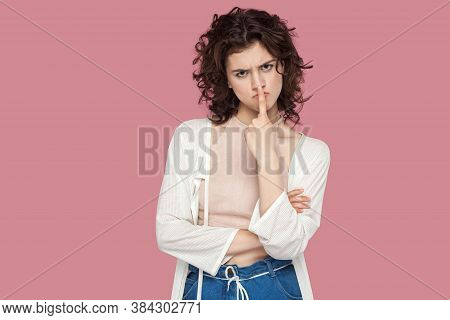You Are Liar. Portrait Of Angry Beautiful Brunette Young Woman With Curly Hairstyle In Casual Style