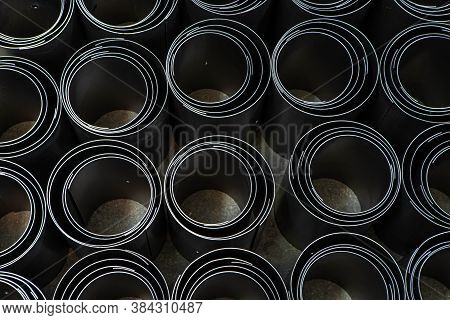 Welded Seam On Stainless Steel Ventlation Pipes. Metal Industry. Close-up.