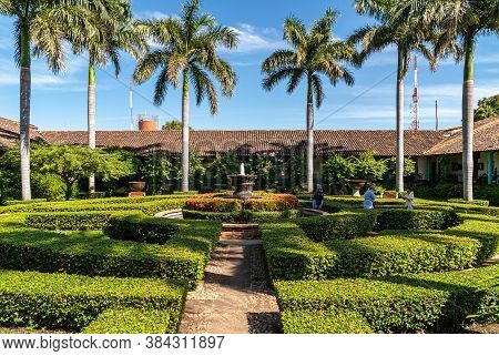 Leon, Nicaragua - November 27, 2008: Hotel El Convento, Old Catholic Convent. Green Garden With Conc
