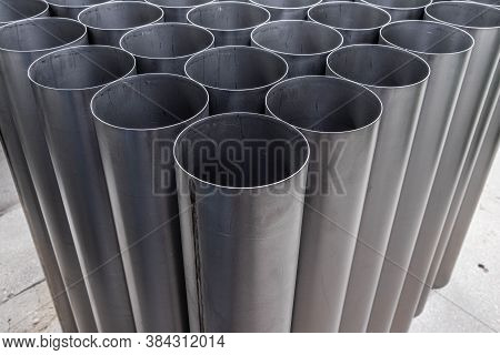 Welded Seam On Stainless Steel Ventlation Pipes. Metal Industry. Close-up.