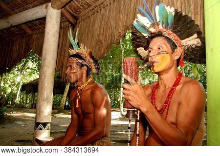 Porto Seguro, Bahia / Brazil - April 14, 2009: Pataxo Indians Are Seen In The Village Jaqueira In Th