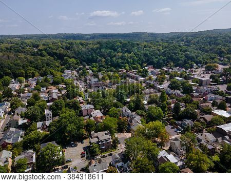 Overhead View Lambertville New Jersey Usa The Small Town Residential Suburban Area With Bridge Acros