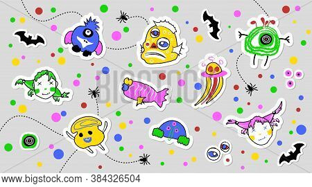 Set Of Sticker Voodoo Doll Skull, Monster Or Aliens And Skeleton. Decor For Halloween, Day Of Dead O