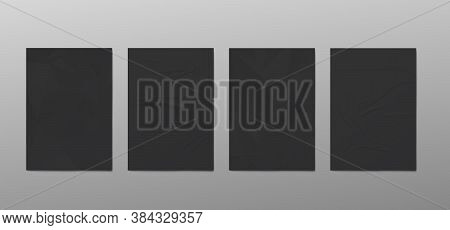 Set Of Black Wrinkled Crumpled Posters Or Bills, Realistic Vector Illustration.