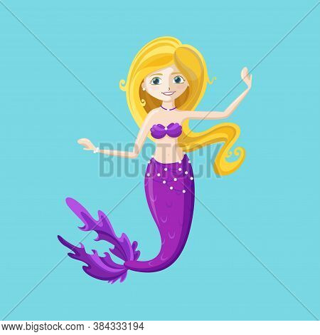 Beautiful Fairy Mermaid With Purple Tail. Cute Dancing Mermaid. Colorful Vector Illustration In Cart
