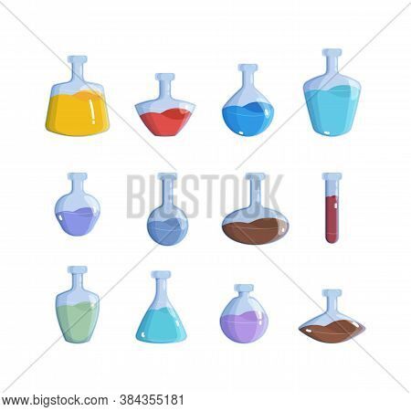 Magic Bottles. Alchemy Potion Elemental Magic 2d Game Items Vector Colored Illustration. Elixir Bott