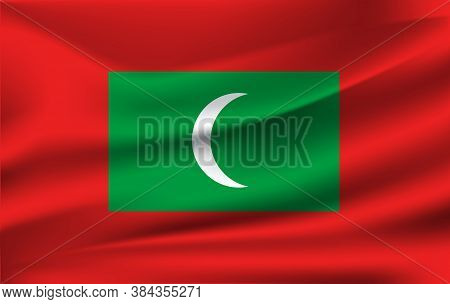 Flag Of Maldives. Realistic Waving Flag Of Republic Of Maldives. Fabric Textured Flowing Flag Of Mal