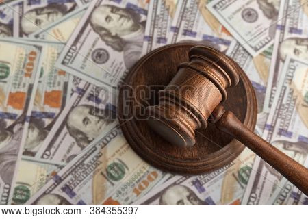 Gudges Hammer On Money. Dollars And Justice. Corrupt Court. Trial Of Money Scammers