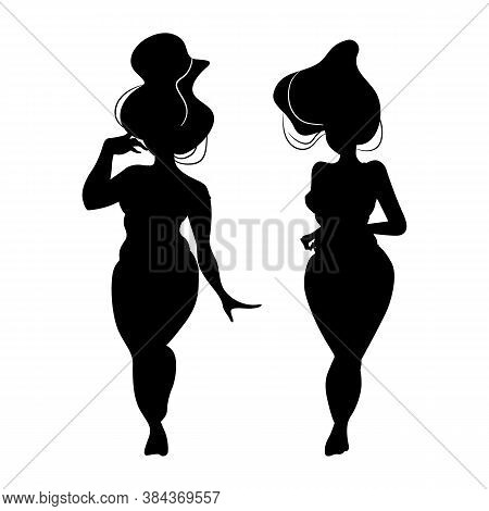 Silhouettes Of Standing Women Body With Size Plus And Hair. Body Positive In Black Color Isolated On