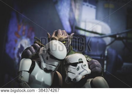 SEPTEMBER 6 2020: Scene from Star Wars Rebels with Garazeb Zeb Orrelios battling Imperial Stormtroopers on Lothal - Hasbro action figures