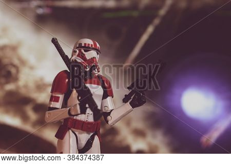 SEPTEMBER 7 2020: Battlefront 2 Galactic Imperial Shock Trooper Stormtrooper in a battle scene  - Hasbro action figure