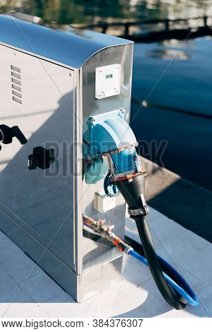Chrome Plated Cabinet For Marina Refueling And Water Replenishment. Refueling And Charging Of Yachts