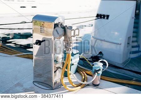 Chrome Plated Cabinet For Marina Refueling And Water Replenishment. Refueling And Charging Of Yachts