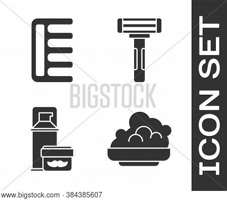 Set Shaving Gel Foam, Hairbrush, Shaving Gel Foam And Shaving Razor Icon. Vector