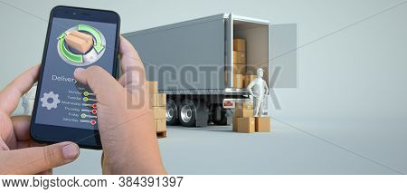 3D rendering of a smartphone delivery tracking app with trucks and goods on the background