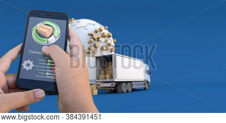 3D rendering of a smartphone delivery tracking app with trucks and goods on the background