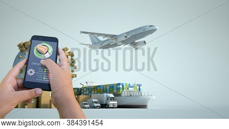 3D rendering of a smartphone delivery tracking app with an airplane, truck, ship and van on the background