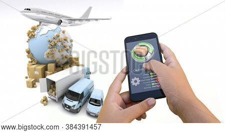 3D rendering of a smartphone delivery tracking app with an airplane, truck and van on the background