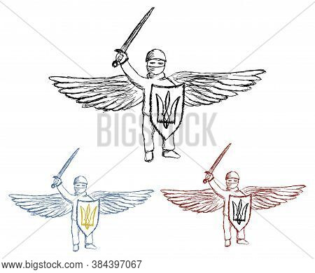 Set Of Vector Sketches Of The Militant Man - Defender With Sword And Shield With Ukrainian Coat Of A
