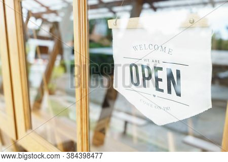 Welcome Open Sign Broad Through The Glass Of Window At Coffee Shop. Shop Ready To Service, Cafe Rest