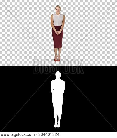 Attractive Shy Businesswoman Standing And Looking To The Camera, Alpha Channel