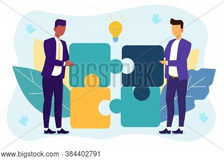 . Diverse Male Colleagues In Business Suits Collecting Puzzle Elements. Vector Illustration