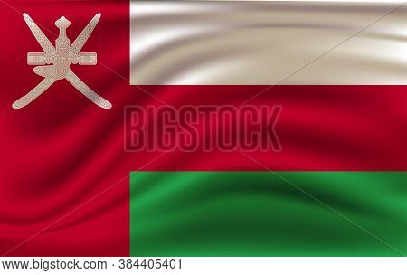 Flag Of Oman. Realistic Waving Flag Of Sultanate Of Oman. Fabric Textured Flowing Flag Of Oman.