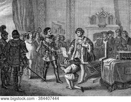 Louis XI in Peronne, Vintage engraving. From Popular France, 1869.