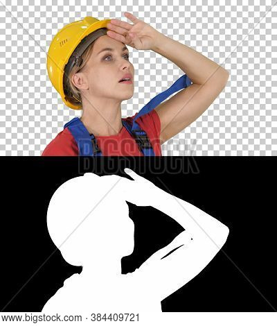 Engineer Construction Worker Woman Fascinated By The Scale Of Construction, Alpha Channel