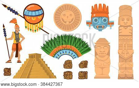 Aztec And Maya Symbols Set. Ancient Pyramid, Inca Warrior, Ethnic Masks, Gods And Idols Artifacts. F