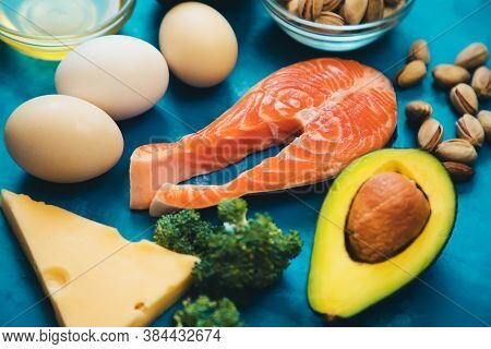 Keto Diet, Food On Blue Background. Selective Focus