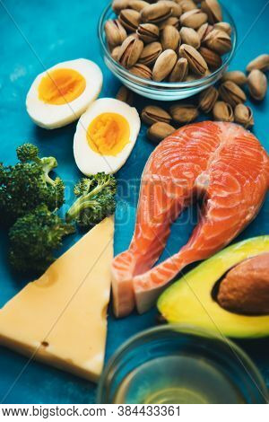 Keto Diet, Food On Blue Background. Selective Focus