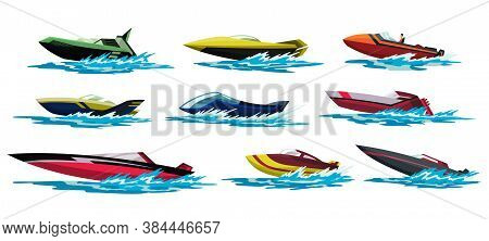 Speed Motorboats. Sea Or River Vehicles. Nautical Collection Of Summer Transportation. Motorized Wat