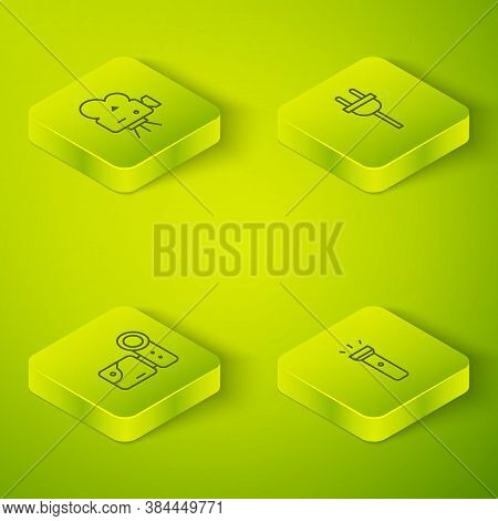Set Isometric Electric Plug, Cinema Camera, Flashlight And Retro Cinema Icon. Vector
