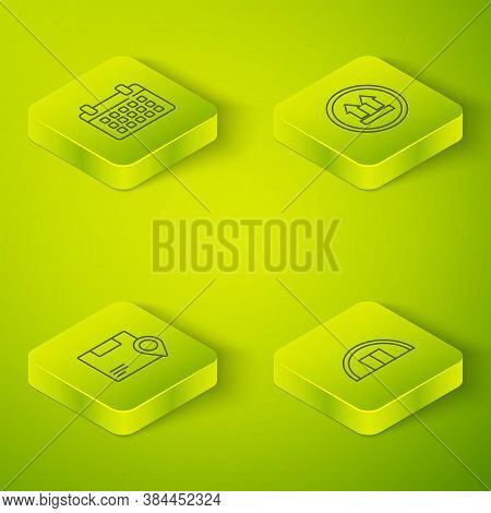 Set Isometric This Side Up, Location With Cardboard Box, Warehouse And Calendar Icon. Vector