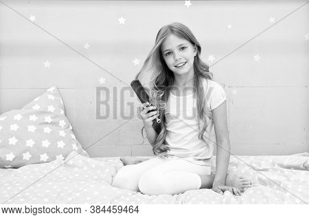 Relaxing Hair Brushing. Happy Child Hold Hair Brush. Brushing Before And After Bed. Haircare And Sty