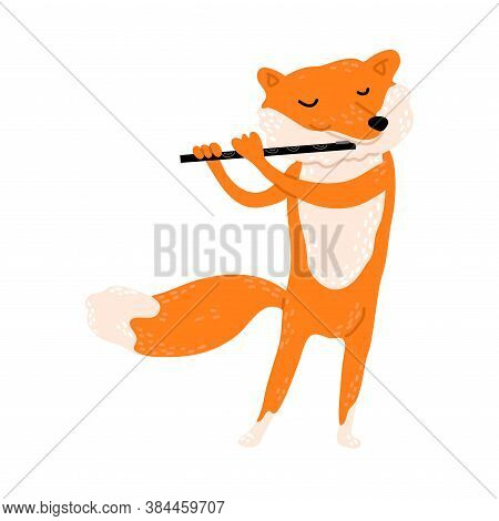 Positive Red Fox Standing And Playing Flute Vector Illustration