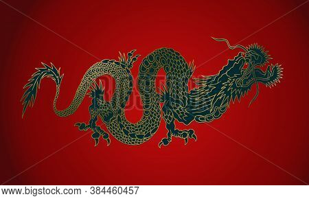 Vector Illustration Of A Chinese Gold Dragon. Golden Asian Dragon On Red Background.