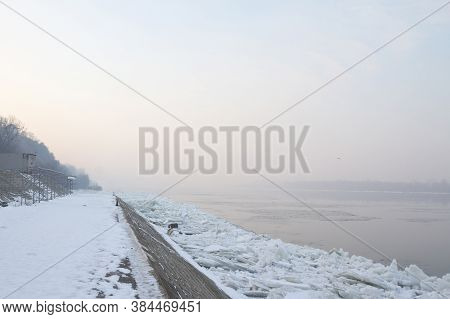 Zemunski Kej, Also Called Zemun Quay, In Belgrade, Serbia, Durring A Foggy Afternoon With The Frozen