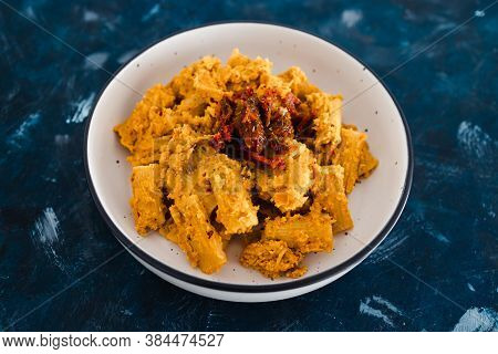 Healthy Plant-based Food Recipes Concept, Vegan Maccheroni Pasta With Hummus Based Sauce And Sundrie