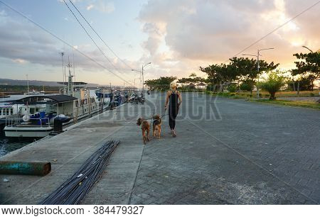 Banyuwangi, Indonesia - July 27, 2020  : A Woman With The Dogs Walking At New Marina Boom Beach Bany