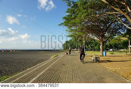 Banyuwangi, Indonesia - July 27, 2020  : A Woman With The Dogs Walking At New Marina Boom Beach Bany