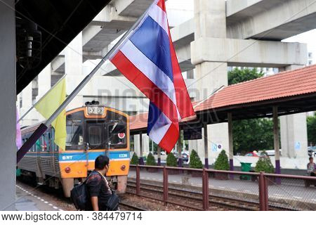 Don Muang, Bangkok, Thailand - July 20, 2019 : Thai Flag At Don Muang Train Station With Background 
